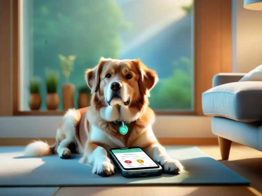 Monitor de salud para mascotas: tecnología avanzada en cuidado y bienestar Teléfono inteligente moderno con aplicaciones para monitorizar la salud de mascotas en ambiente acogedor