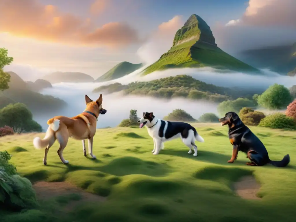 Terapias asistidas por animales efectividad: Grupo diverso de animales terapeutas en entrenamiento con sus cuidadores en un entorno natural sereno