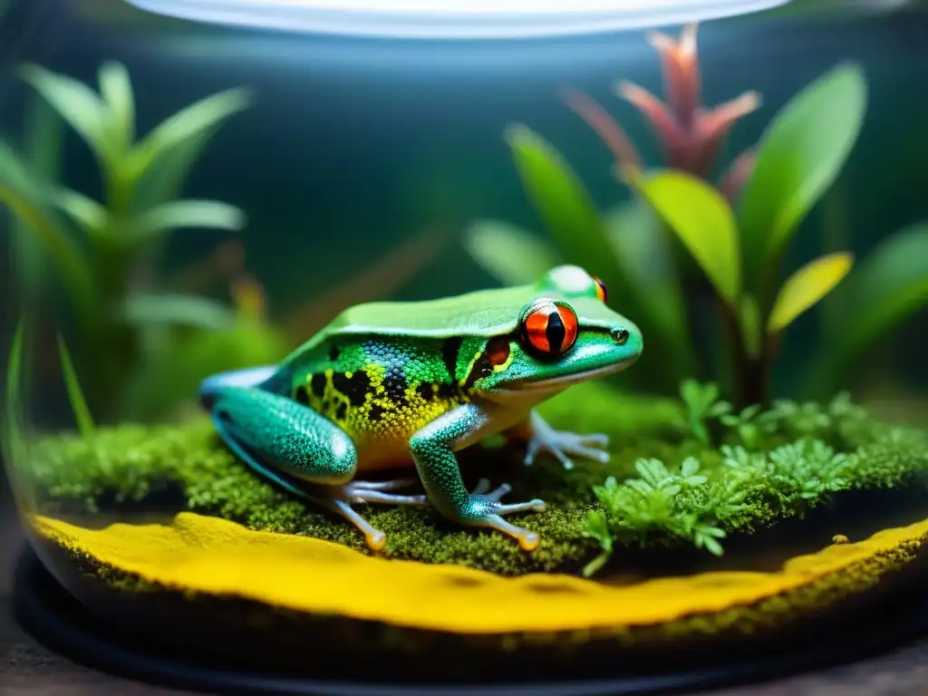 Terrario exótico con plantas vivas y anfibios coloridos Terrario exuberante con anfibios y plantas vivas, hábitat natural
