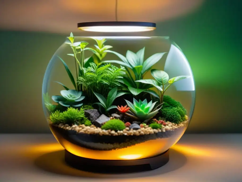 Terrario vibrante bajo luces LED: equilibrio ecológico Un terrario exuberante iluminado por la cálida luz LED, revelando un ecosistema en equilibrio