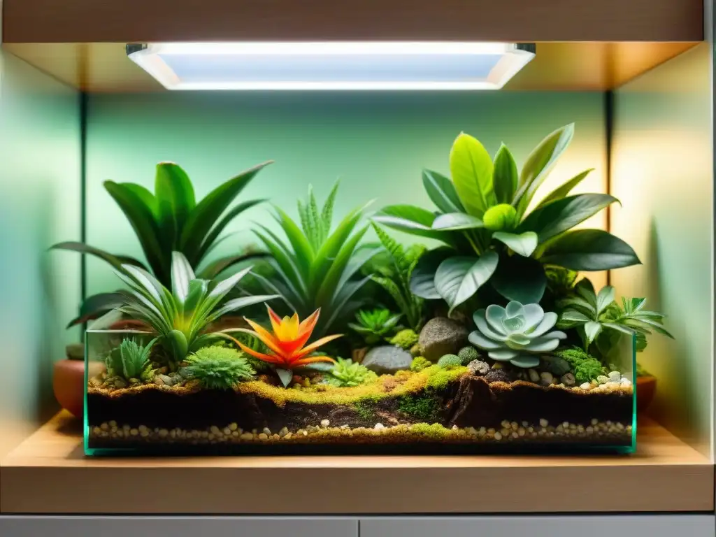 Terrario exótico iluminado: bienestar reptil Un terrario exuberante iluminado con luces vibrantes para reptiles