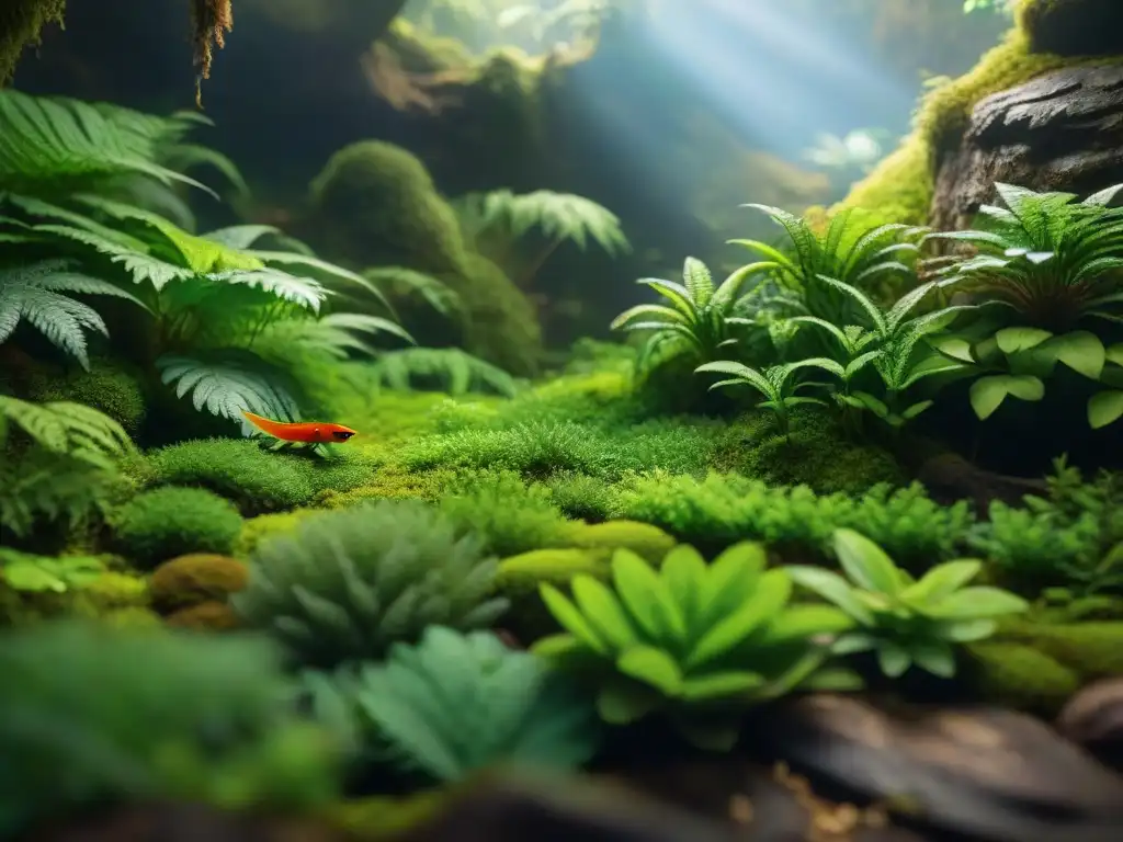 Terrario de selva exuberante: detalle y vida en miniatura Un terrario exuberante con musgo verde, arroyo cristalino, helechos, flores silvestres, reptiles y anfibios