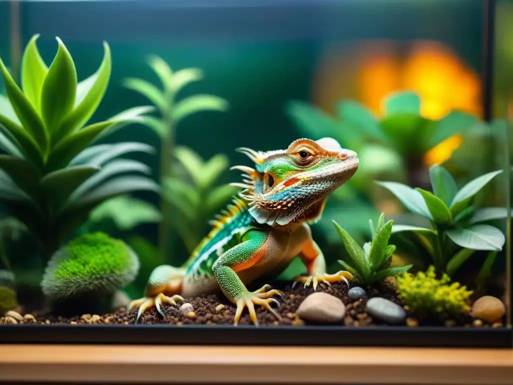 Terrario exuberante: dragón barbudo disfrutando del sol Un terrario exuberante con iluminación vibrante, donde un dragón barbudo disfruta del bienestar