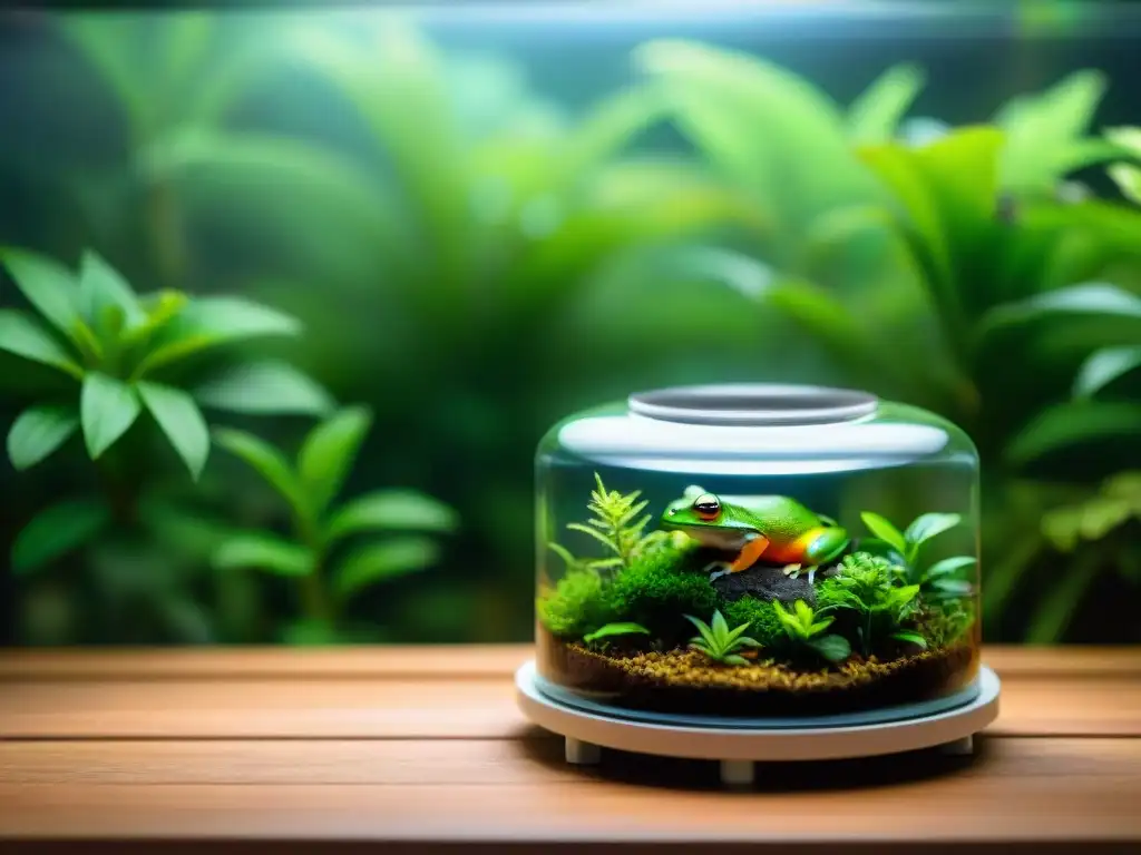 Terrario exuberante con anfibios felices y coloridos Un terrario con plantas exuberantes, un estanque y anfibios coloridos