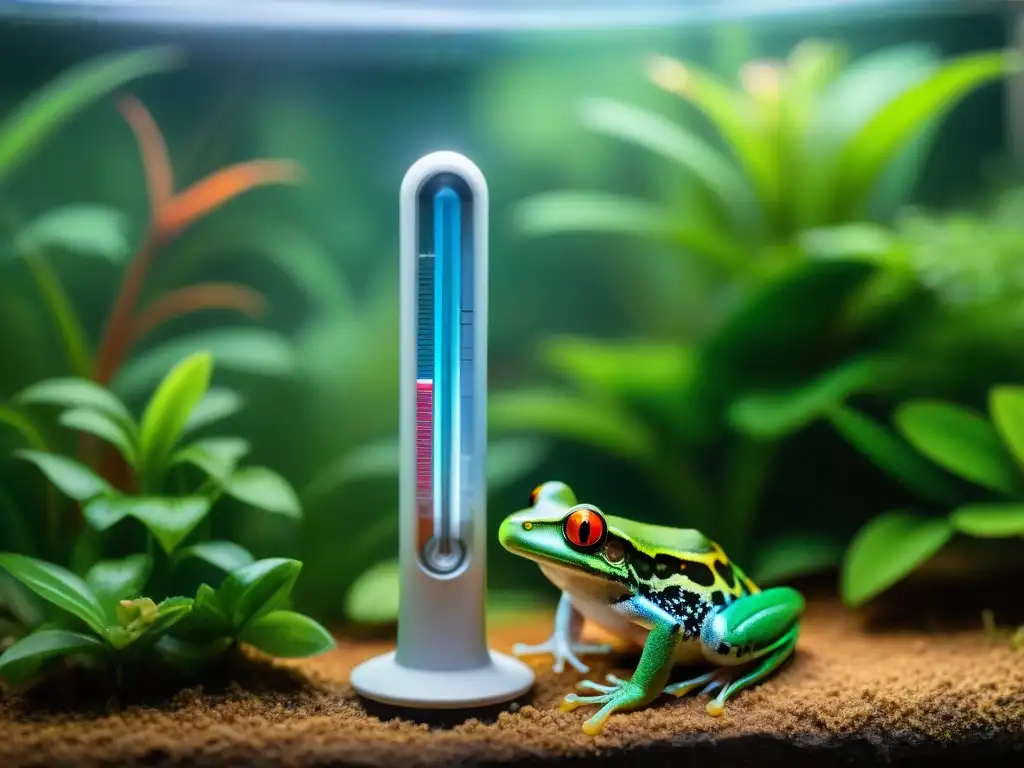 Terrario tropical: temperatura óptima para anfibios Terrario tropical con anfibios coloridos bajo lámpara de calor