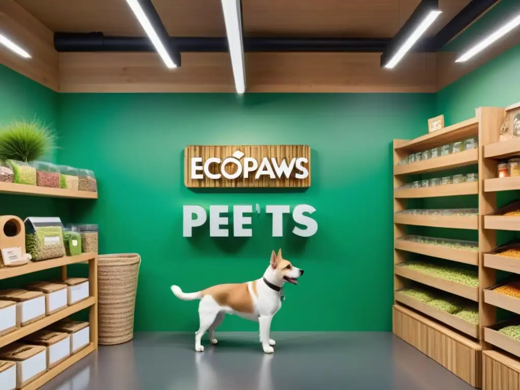 Tienda de mascotas ecofriendly: moda y sostenibilidad para mascotas Una tienda de mascotas moderna y ecológica, con productos sostenibles y clientes elegantes