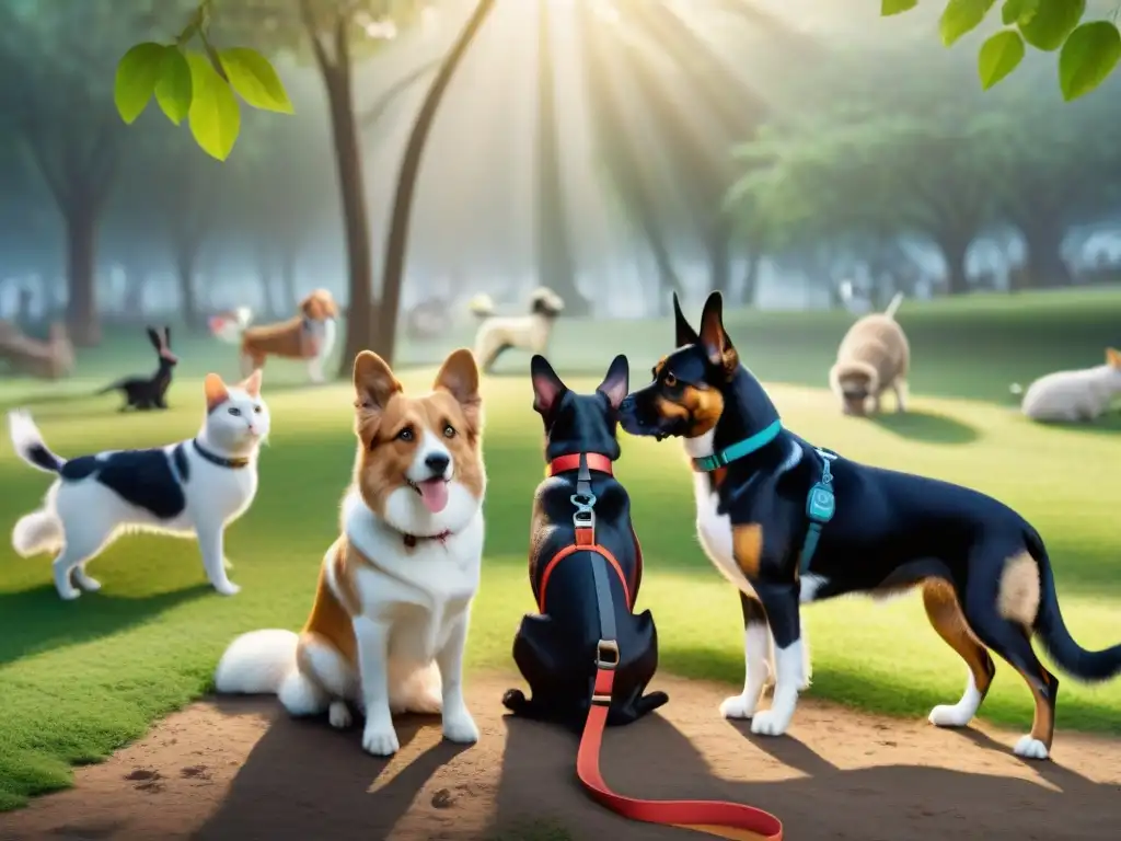 Grupo de mascotas con tecnología wearable en parque Una tierna comparativa de wearables para mascotas, con perros, gatos y conejos luciendo tecnología en un parque soleado