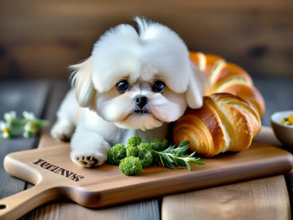 Delicado bocadillo gourmet para Bichon Frise Un tierno Bichón Frisé disfrutando de un delicioso bocadillo gourmet en forma de croissant en una tabla de madera rústica