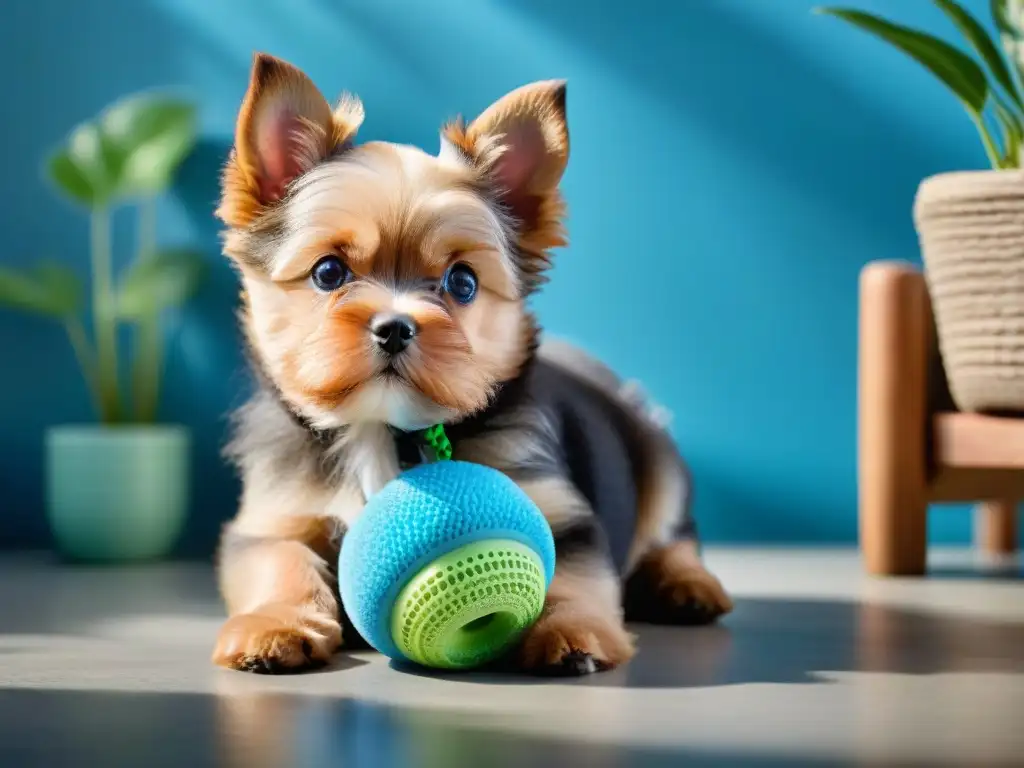 Perrito juguetón con juguete ecológico en hogar sostenible Tierno cachorro jugando con juguete ecológico en hogar sostenible
