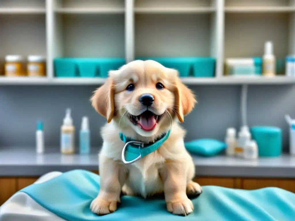 Examen dental: cachorro golden sonriente en veterinaria Un tierno cachorro de golden retriever sonriente en una revisión dental veterinaria, resaltando el cuidado dental mascota cachorro