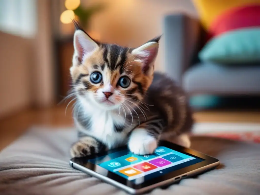 Exploración felina: tecnología y afecto en hogar acogedor Tierno gatito explorando app de socialización en hogar acogedor