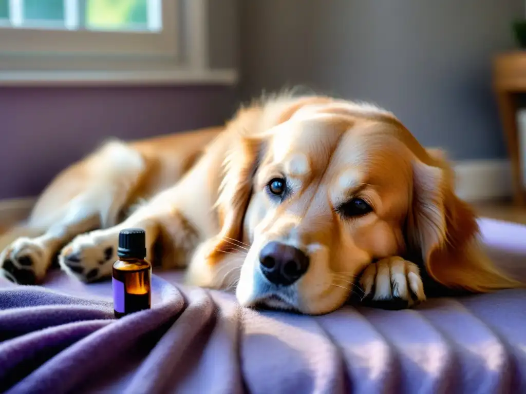 Perrito dorado relajado con aceites esenciales Un tierno golden retriever relajado en una manta junto a aceites esenciales para ansiedad mascota