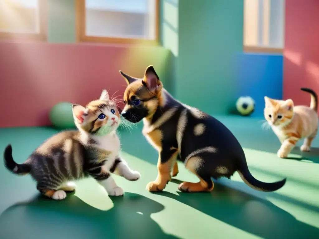 Perritos y gatitos jugando en pet daycare: armonía y diversión Un tierno grupo de cachorros y gatitos interactúan juguetonamente en un animado centro de cuidado de mascotas