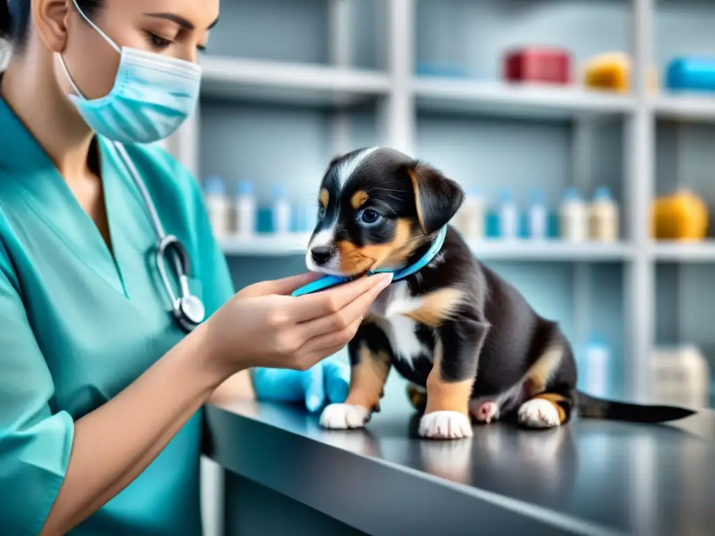 Tierno momento de vacunación perro contra moquillo y parvovirosis en clínica veterinaria