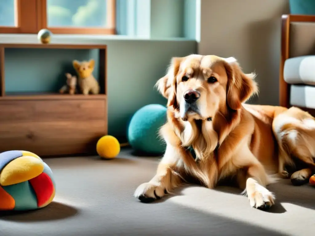 Retrato conmovedor de un golden retriever fiel en casa Un tierno golden retriever con ojos expresivos mirando fijamente a la cámara en una acogedora sala, ideal para prevenir estrés separación mascotas