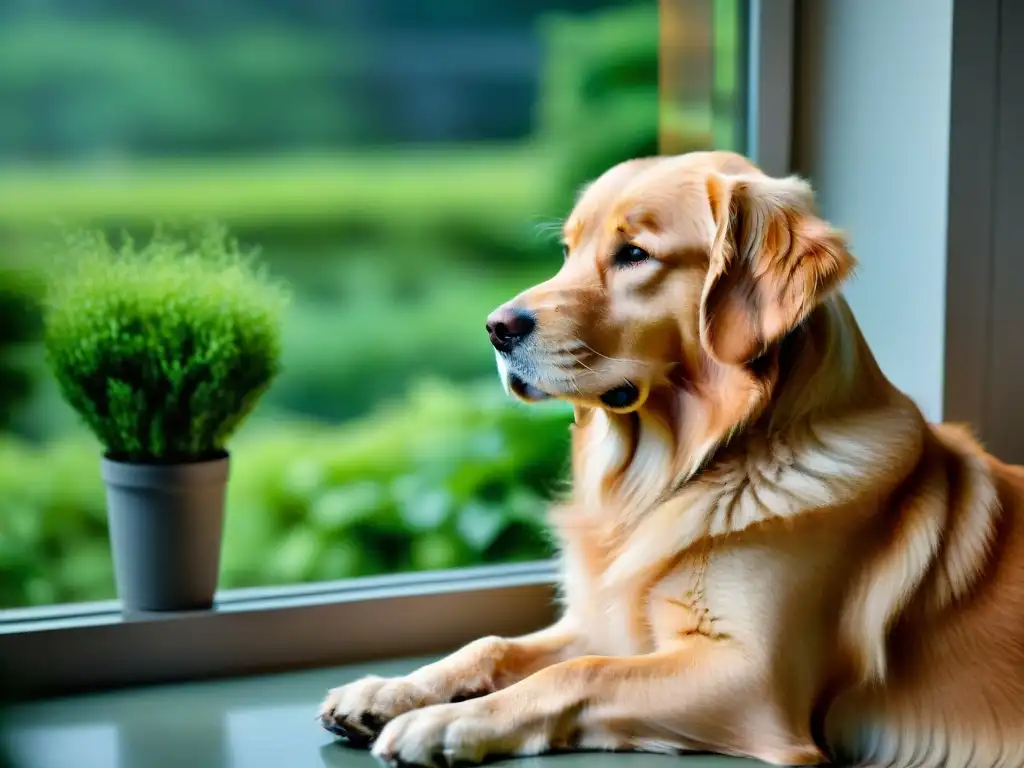 Conmovedora imagen de un golden retriever mirando por la ventana Un tierno retrato de un golden retriever junto a una ventana, mirando anhelante hacia afuera