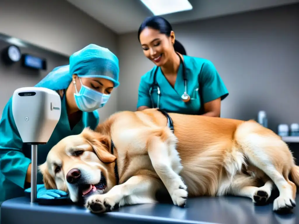 Examen veterinario detallado a un golden retriever senior Un tierno golden retriever senior recibe revisión veterinaria con prevención enfermedades comunes mascotas senior