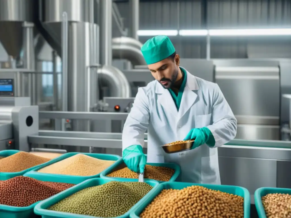 Trabajador en planta de alimentos para mascotas inspecciona detalladamente la línea de producción