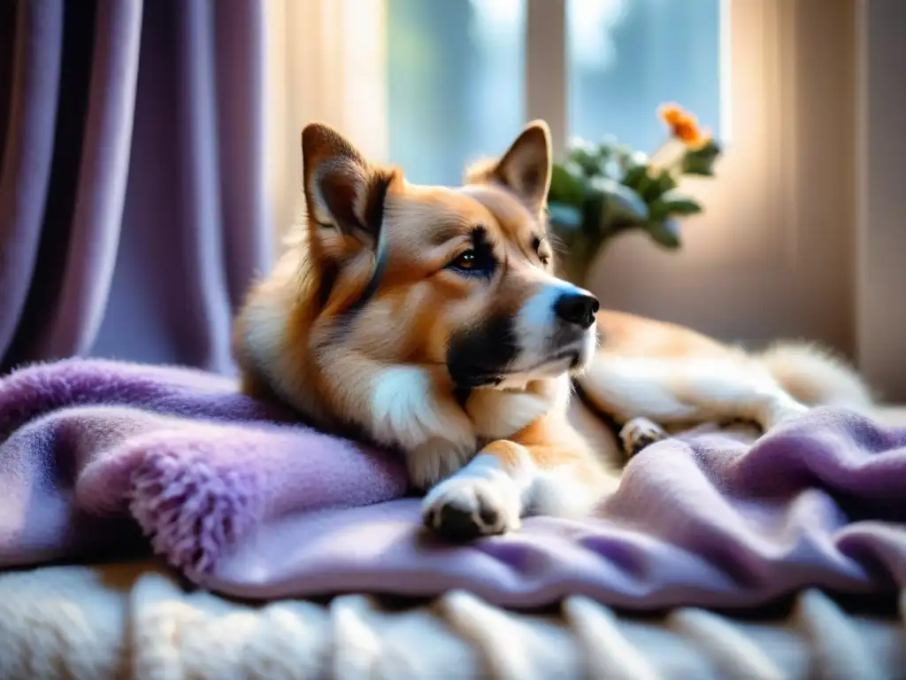 Perrito relajado en manta suave con aroma a lavanda Perro tranquilo descansa en manta suave con aceites esenciales para ansiedad mascota