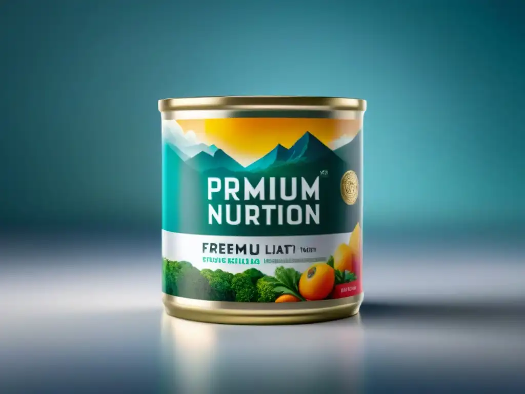 Comida premium para gatos: ingredientes de calidad en envase elegante Transición alimentos premium dieta gato: Lata brillante de comida premium para gatos, ingredientes de calidad y cocina moderna