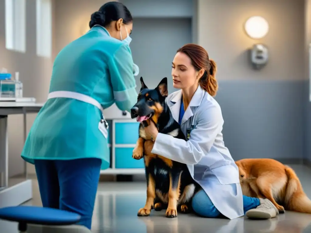 Protección canina: vacunación contra rabia con cuidado veterinario Veterinario administra vacuna antirrábica a perro con confianza en clínica iluminada