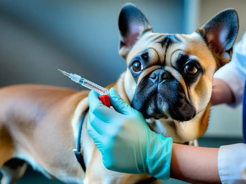 Vacuna contra la rabia: Cuidado profesional para tu mascota Vacuna antirrábica para perros gatos: Veterinario cuidadoso administra vacuna a perro confiado en clínica equipada