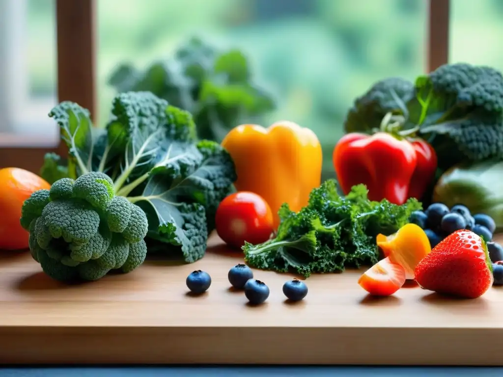 Delicioso bodegón de frutas y verduras frescas con encanto perruno Una variedad de alimentos naturales para la mascota: frescos, coloridos y apetitosos, en una tabla de cortar de madera