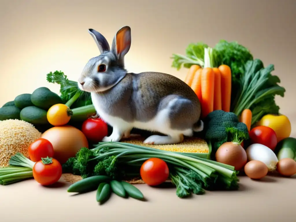 Alimentos ricos en fibra para conejos: coloridos y variados Una variedad de alimentos ricos en fibra para conejos en una composición detallada y colorida