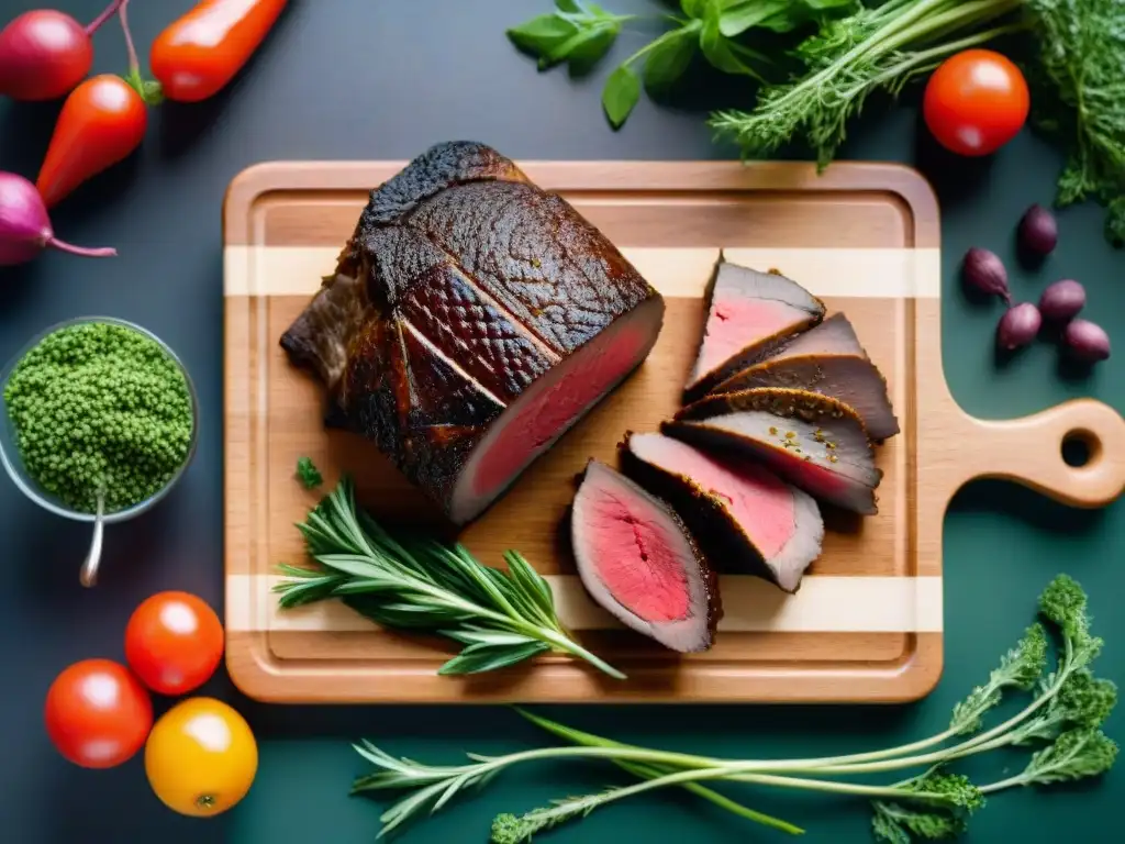 Tabla de carnes exóticas: kangaroo, bison y jabalí en detalle Variedad de carnes exóticas en tabla de madera, hierbas frescas y vegetales coloridos