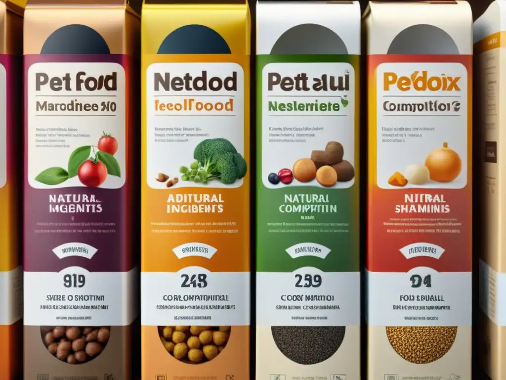 Etiquetas de comida para mascotas: detalles vibrantes en mesa rústica Una variedad de etiquetas de alimentos para mascotas detalladas, con colores vibrantes y detalles intrincados