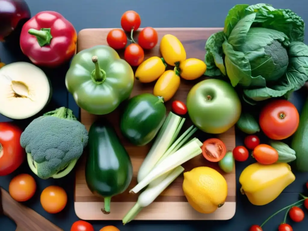 Deliciosas frutas y verduras para mascotas saludables Variedad de frutas y verduras frescas en tabla de cortar de madera