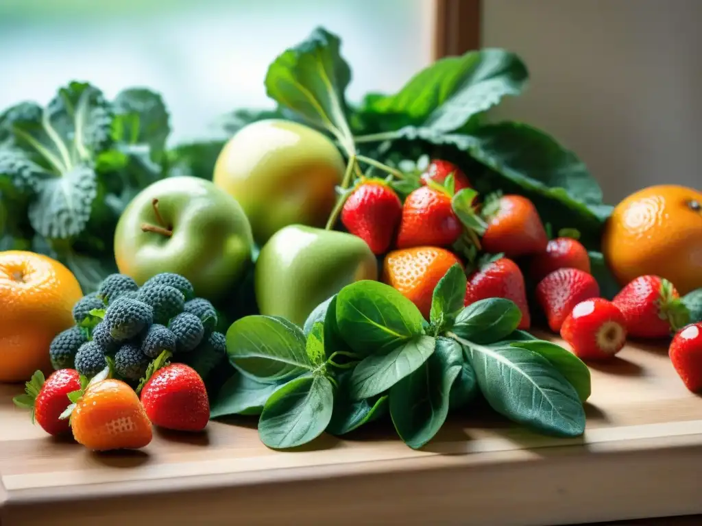 Deliciosos y saludables alimentos frescos en tabla de madera Una variedad de frutas y verduras frescas y coloridas en una tabla de cortar de madera, con gotas de agua brillando en sus superficies