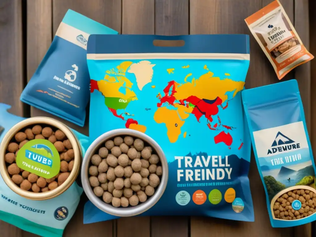 Alimentos para mascotas en viajes: guía práctica y aventurera Una variedad de opciones de comida para mascotas de viaje en una mesa de madera rústica, junto a tazones de agua portátiles y golosinas saludables