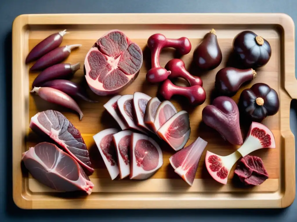 Delicadas vísceras frescas: hígado, corazones y riñones Una variedad de órganos crudos frescos sobre tabla de madera