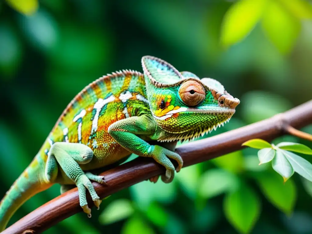 Un camaleón verde vibrante en la selva tropical, detallado, con escamas relucientes, enfocado en un insecto