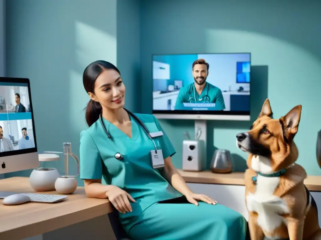 Veterinario compasivo en consulta online: experto y atento Una veterinaria atenta en consulta en línea, brindando consejos expertos con expresión compasiva