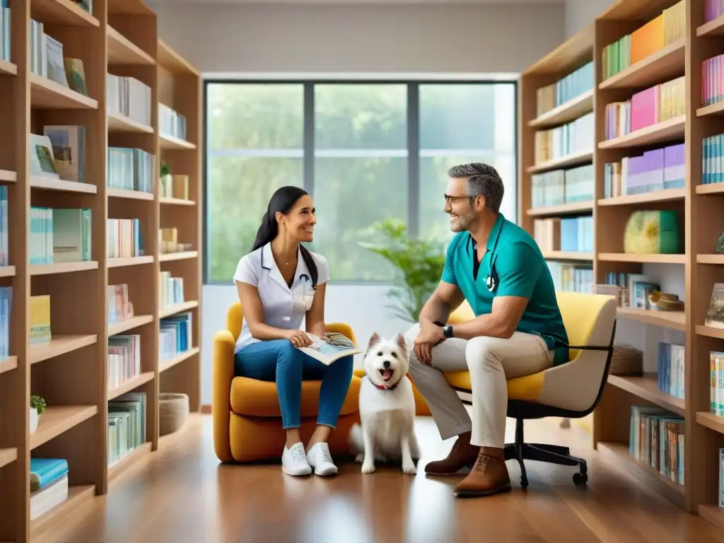 Veterinaria atenta escucha a pareja preocupada en consultorio moderno Una veterinaria atenta escucha a una pareja preocupada por su perro blanco