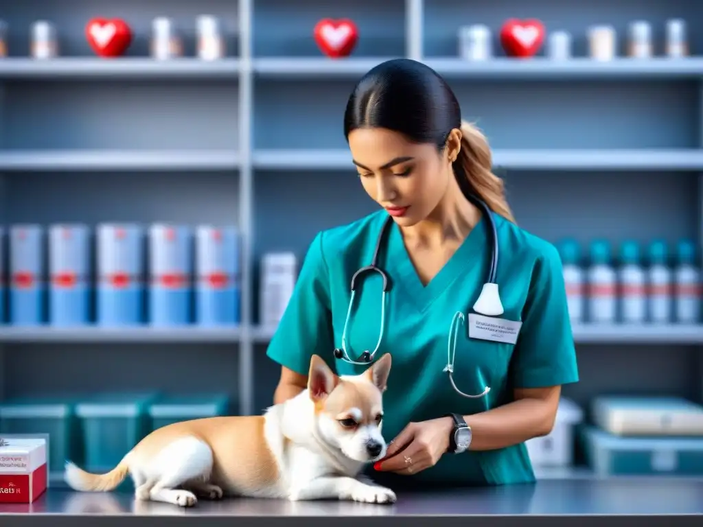 Veterinaria examinando corazón de perro con estetoscopio Veterinaria examina con precisión el corazón de un perro, destacando la prevención de enfermedades cardíacas en mascotas con medicamentos