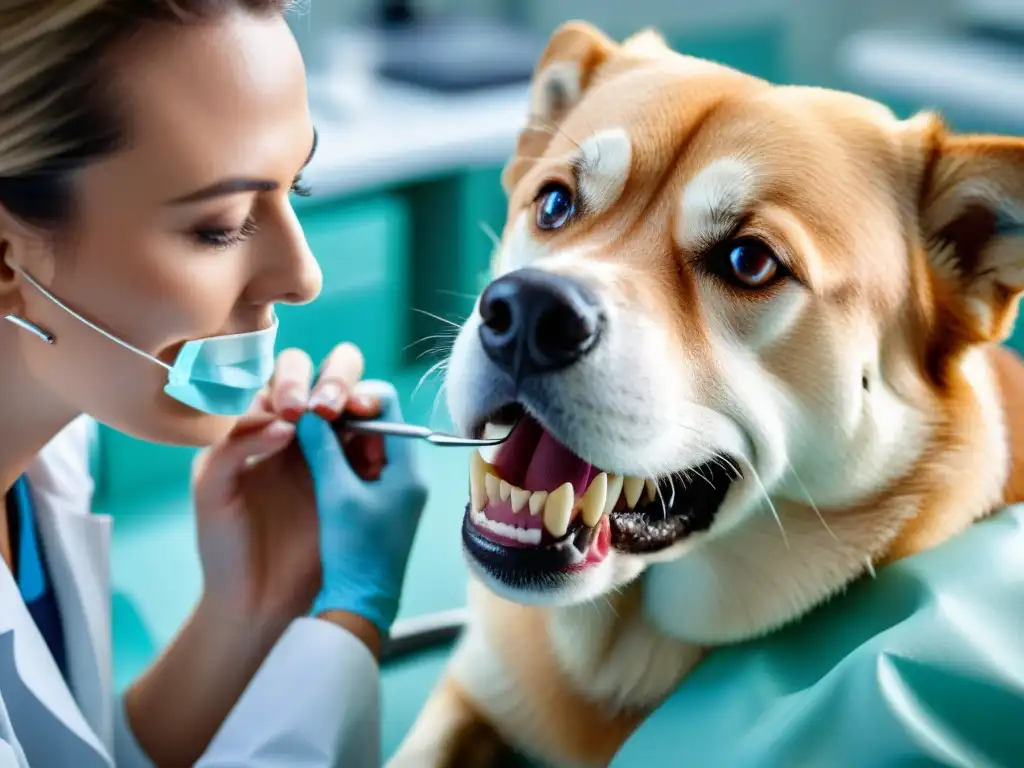 Examen dental veterinario detallado: Salud bucal canina en foco Una veterinaria examina detalladamente los dientes de un perro, resaltando la importancia de la genética en la salud dental de mascotas