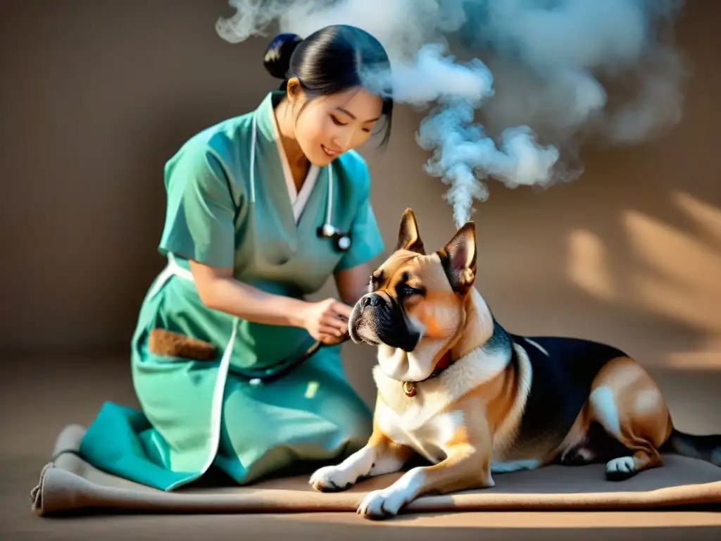 Terapia de moxibustión en perro: detalle asombroso de veterinario en acción La veterinaria realiza moxibustión en un perro tranquilo