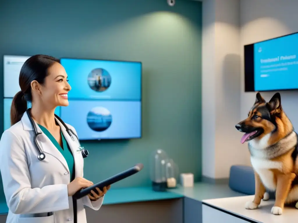 Veterinario sonriente en consulta virtual con equipo de alta tecnología Una veterinaria sonriente en consultorio virtual con equipo moderno y luz natural