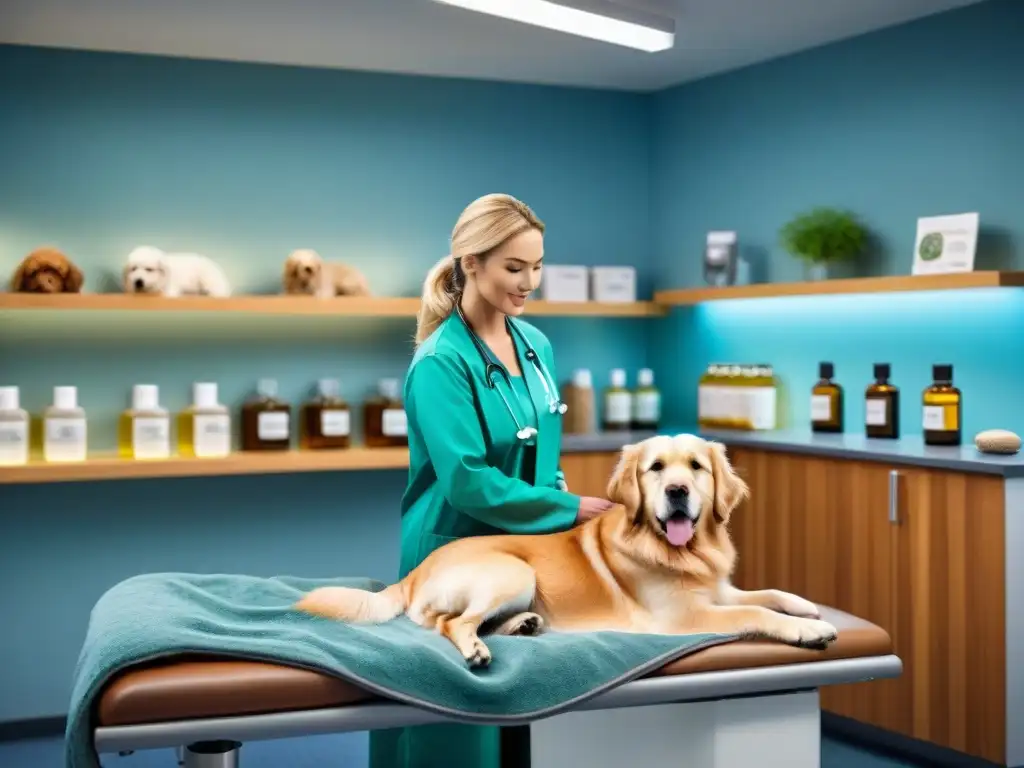 Tratamiento calmante para perro en consulta veterinaria Un veterinario aplica aceites esenciales para ansiedad a un dulce golden retriever en su consulta serena