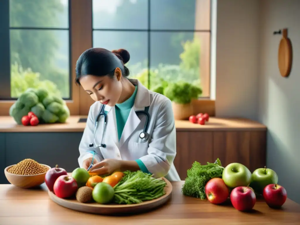 Veterinario inspecciona frutas y verduras para mascotas Un veterinario examina detenidamente alimentos naturales para la mascota en una mesa de madera iluminada por la luz natural