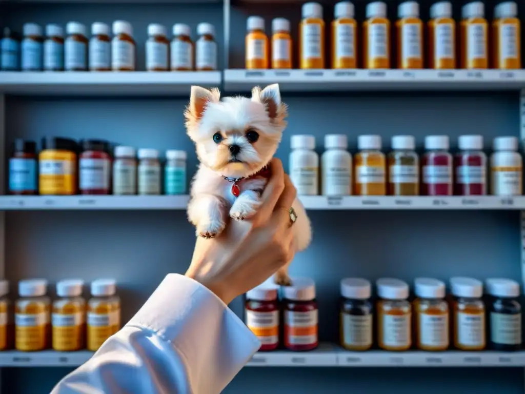 Veterinario cuidadoso administra antibióticos a perro blanco Veterinario administrando antibióticos a perro blanco con cuidado