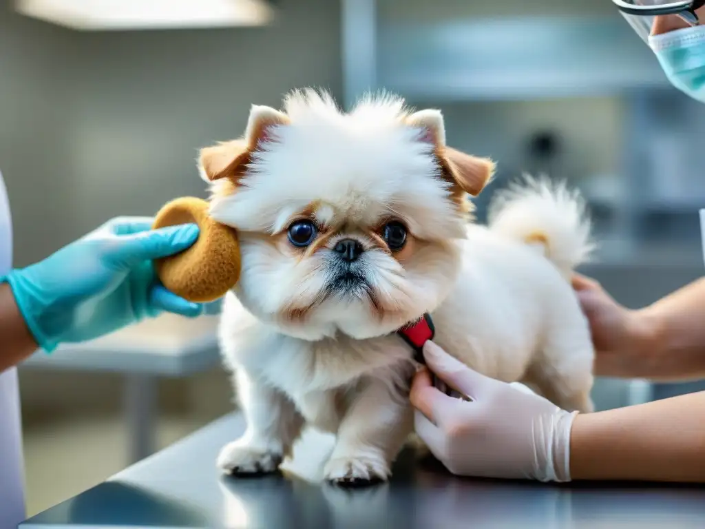 Veterinario cuidadoso administra antibióticos a perro blanco Veterinario dosificando antibióticos a perro blanco con cuidado