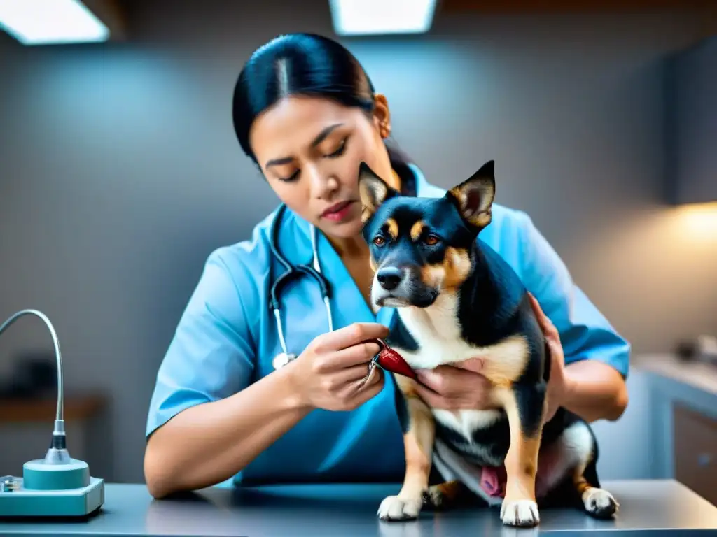 Exploración cardíaca: Detalle y empatía en veterinaria Un veterinario examina con atención el corazón de un perro, destacando la prevención de enfermedades cardíacas en mascotas con medicamentos