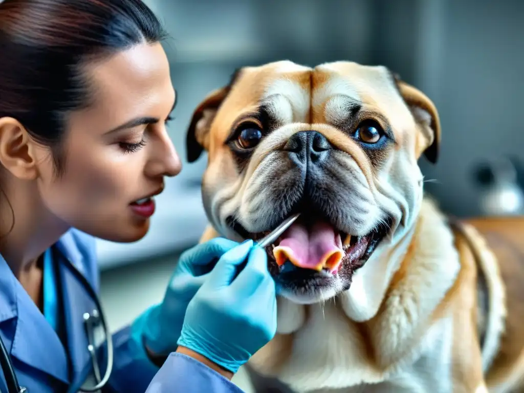 Examen dental meticuloso de un veterinario a un perro Veterinario examinando minuciosamente la boca de un perro, enfocando en la prevención del dolor crónico en mascotas