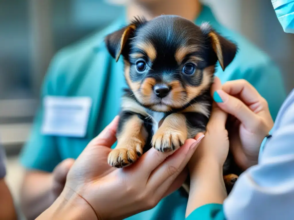 Veterinario vacunando a cachorro con delicadeza en clínica, previniendo moquillo y parvovirosis en perros