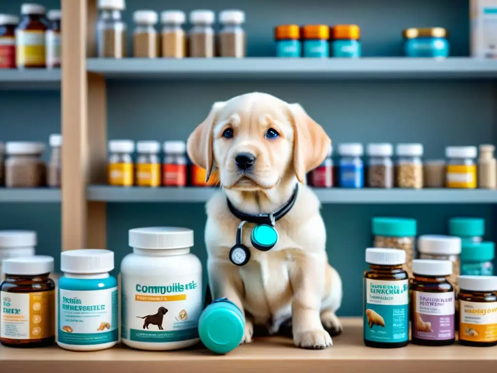 Veterinario examinando cachorro Labrador con suplementos para mascotas Veterinario examina cuidadosamente a un cachorro de labrador con estetoscopio, rodeado de suplementos para prevenir enfermedades mascotas