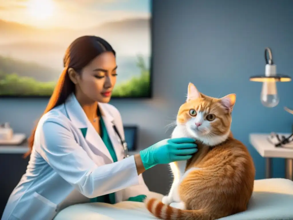 Tratamiento compasivo para gato con leucemia felina Un veterinario trata con cariño a un gato blanco y naranja en clínica, transmitiendo compasión y experticia en prevención leucemia felina tratamiento